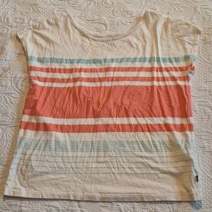 North Face women's Medium striped shirt, cream, orange, light blue couple marks